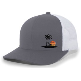 Tropical Palm Tree Sunset Beach Vacation Embroidered Mesh Back Trucker Hat, Charcoal/White