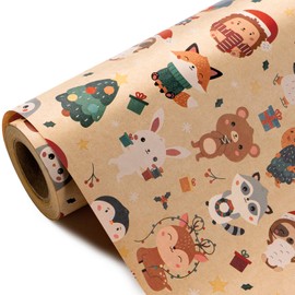 WRAPAHOLIC Kraft Animal Christmas Wrapping Paper - Mini Roll - 17 Inch x 16.5 Feet - Adorable Cartoon Animal Wrapping Paper for Christmas, Holiday, Party Celebration
