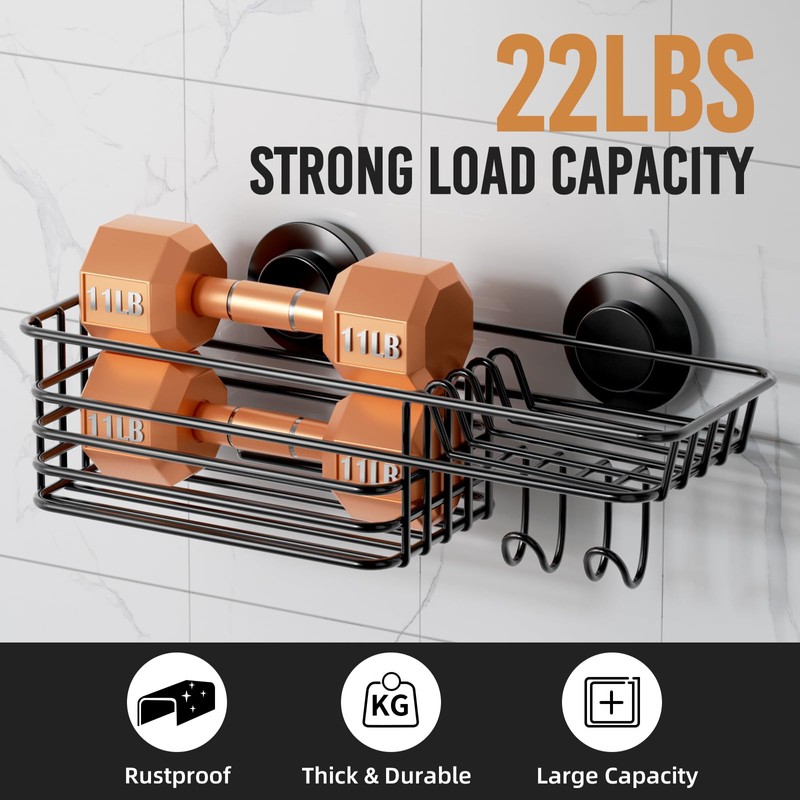 LEVERLOC Shower Caddy Suction Cup, Black Shower Shelf with Hooks