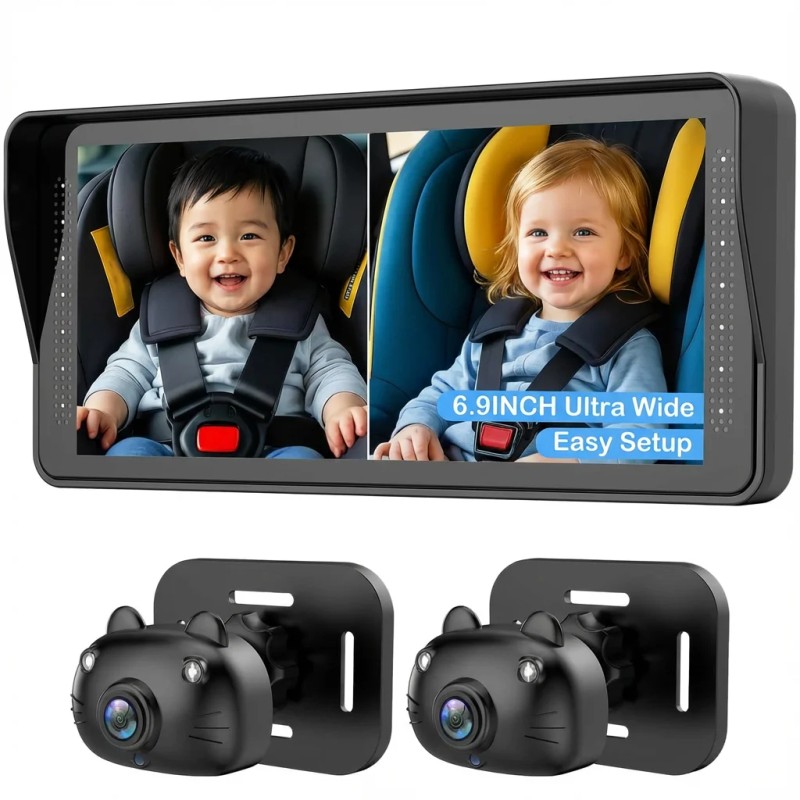 Dual Baby Car Camera 2 Kids 7.0'' Split Screen Ultrawide
