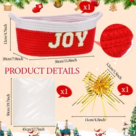 1 Set Christmas Gift Basket Empty Small Woven Rope Basket with Gift Wrapping Bag Ribbon 12" x 8" x 5" Storage Organizer with Handle for Christmas Home Decoration