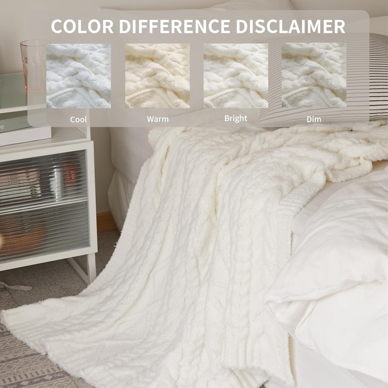 Plush Cable Knit Throw Blanket 50x60, White, Cozy Home Accent