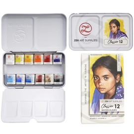 Professional Watercolor Paint Set Classico - Non-Toxic 12 Half-Pan Set in Metal Tin Palette - Portable Travel Watercolor Set for Adults - Vibrant Essential Primary Water Colors for Artists by ZenART