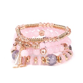 XSDSLS Pack of 4 Women's Crystal Beads Bracelet Boho Stretch Beads Bracelets Multilayer Stackable Tassels Bracelet Fashion Jewellery Bracelet Women for Women Girls Gift, Pearl, alloy, glazed stone,