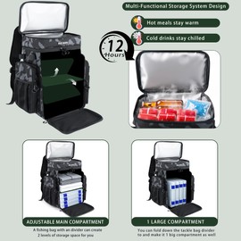 KUI WAN Fishing Backpack with Cooler & 4 Rod Holder, Large 45L Tackle Bag Store Fishing Gear Boxes Gifts for Men Woman-Camo Back Pack