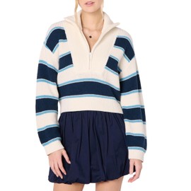 The Drop Women’s Russel Stripe Half Zip Sweater, Navy Stripe, XS