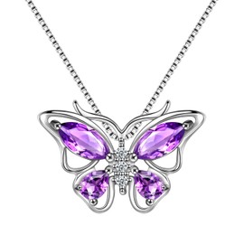 Aurora Tears 925 Sterling Silver Butterfly Necklaces February Birthstone Purple Amethyst Pendant Jewelry Necklace for Women Girls DP0013P