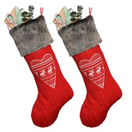 Dibor Set of 2 Knitted Red Christmas Stockings with Nordic Heart and Faux Fur Cuff