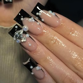 Jremg Black French Tip Press on Nails Medium Square Fake Nails with Pearl Design Cute Black Coffin Glue on Nails Glossy Metal Silver Planet Charms False Nails Reusable Acrylic Nails for Women 24Pcs