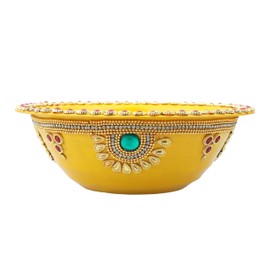 Decorative Pooja Bowl Puja Katori Vaati for Hadli Wedding Engagement Pooja Rituals Platter Bowl Stainless Steel Articles for Haldi India Traditional Navratri Festival Decoration(Size:-6"X2")(Yellow)
