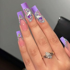 FIEONCIY Press on Nails Long Coffin Shaped Acrylic Glossy Full Cover Long Square French False Nails with Designs Artificial Extra Long Fake Nails with Charms Glue ons Fingernails for Women(S395)