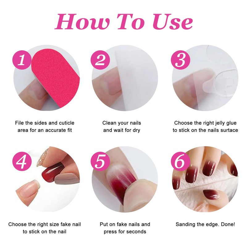 24 Pcs Short False Nails Square Stick on Nails, Rose