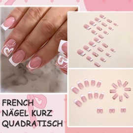 Pack of 24 Press on Nails Short - Full Cover Square Fake Nails - Fingernails for Sticking - for Women & Girls (French & Heart, 24 Pieces)