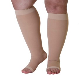 Mojo Compression Socks 6XL Extra X-Wide Calf Bariatric Plus Size Support Stockings for CVI, Spider Veins and Deep Vein Thrombosis - Opaque Knee-High - Open Toe - Beige XXXXXX-L