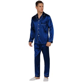 YIMANIE Mens Satin Pajamas Set Classic Sleepwear Loungewear Blue