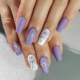 Summer Vibrant Floral Press-On Nails | CurvLife Nail | 24pcs Short Oval Fake Nails | Glossy Finish with Bright, Colorful Floral Accents | Easy to Apply, Comfortable Fit & Long-Lasting Hold | Ideal for Daily , Business Meetings & Elegant Special Occasions:_Purple Rose
