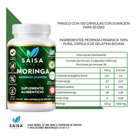 Moringa Orgánica 100% Pura | 100 Cáps | SAISA HERBAL | Suplemento Alimenticio | Energía | Bienestar | Apoyo al Sistema Inmune | Control de glucosa | F