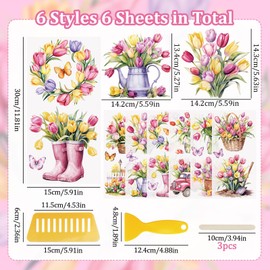 WANDIC 6 Pcs Tulips Rub On Transfer Sticker,Spring Stickers Butterfly Flower Decals for Present Packaging DIY Scrapbooking Photo Albums Furniture,15 * 30cm