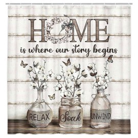 JAWO Farmhouse Floral Shower Curtain,Rustic Country Cotton Flower Retro Jar Bathroom Shower Curtains,Sweet Home Relax Soak Unwind Waterproof Polyester Fabric Bathroom Decor Curtain with Hooks