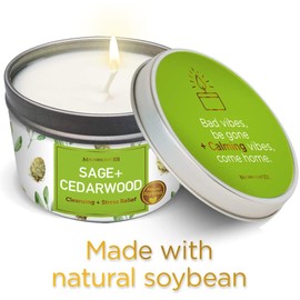 SAGE + Cedarwood Aromatherapy Candle for House Energy Cleansing and Stress Relief, Banishes Negative Energy I Purification and Chakra Healing - Natural Soy Wax Tin Candle for Aromatherapy 6oz