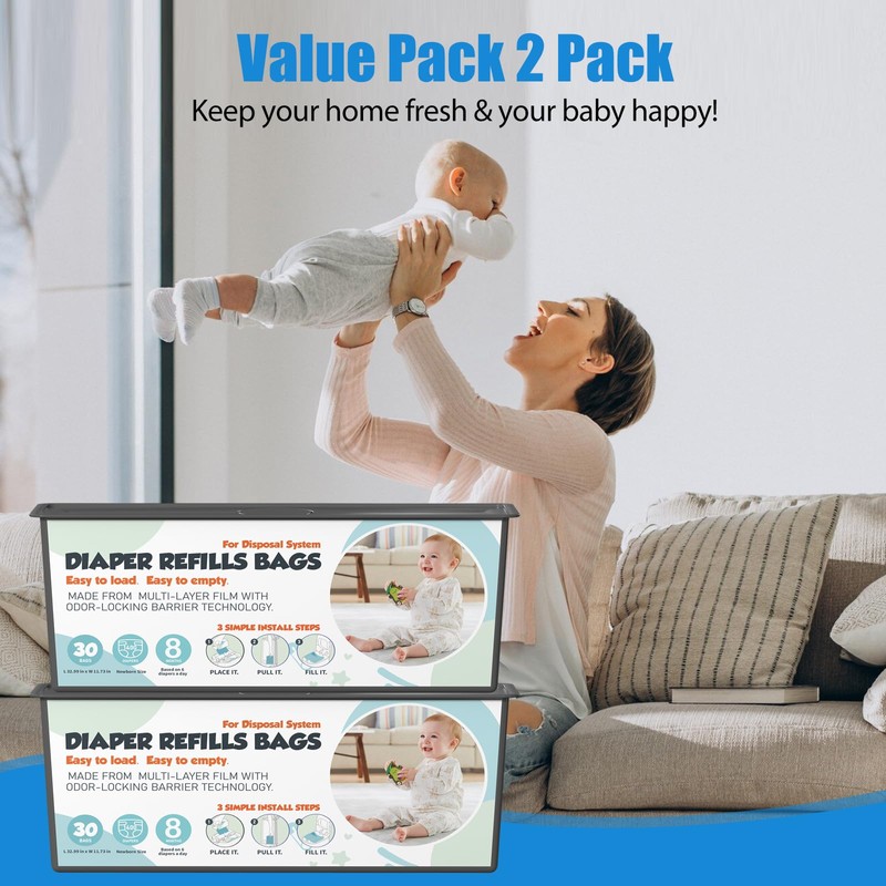Diaper Pail Refills Bags with 30 Bags Compatible with Genie