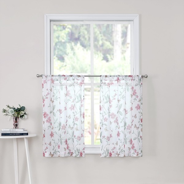 Tollpiz Short Sheer Floral Tier Curtains Pink Flower Butterfly Printed
