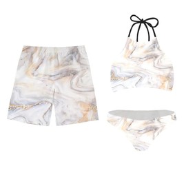 XYZCANDO Matching Couple Swimsuits Womens Two Piece Bikini Sets Mens Trunk Bathing Suit Swimwear Set, White Marble, Large