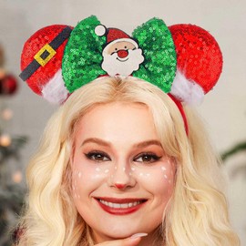 Uranian Christmas Headbands Red Mouse Ear Hairbands Sequins Green Bow Headwear Xmas Festival Costume Hair Accessories for Women