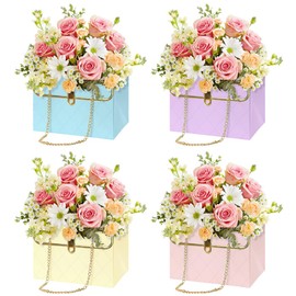 Florist Bouquet Paper Gift Box,4 Pack Folding Bouquet Flower Wrapping Boxes with Metal Chain Handle Basket Packaging Handbag Gift Paper Boxes for Wedding Anniversary Valentine's Day Mother's Day