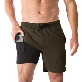 Third Wave Swim Trunks with Compression Liner - Men's Premium 7 Inch Inseam Quick Dry Swim Shorts for Beach and Swimming, Olive, X-Large
