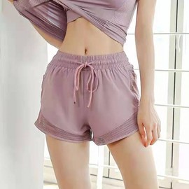 New Women's Summer Soft Anti-Exposure Sports Fitness Loose Mesh Stitching Shorts S/Pink Purple 5ea