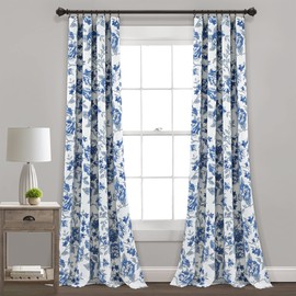 Lush Decor Ivana Floral Light Filtering Window Curtain Panel Pair, 84" Long x 52" Wide, White & Navy