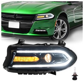HECASA Left Headlight Assembly with Bulb&LED Compatible with 2015-2023 Dodge Charger Replacement for 68214397AB 68294431AF Headlamp Driver Side Clear Lens+Black Housing Plastic