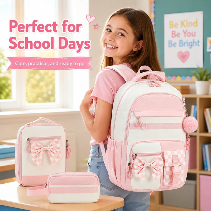 CAMTOP Girls Backpack with Lunch Box & Pencil Case Set,