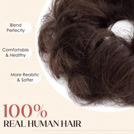Hairro Messy Bun Human Hair Piece for Women, Dark Brown Curly Wavy Updo Scrunchies Fake Bun Hairpiece 100% Real Human Hair Extensions