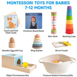 WOODMAM Montessori Toys for Babies 6-12 Months, 9 in 1 Educational Wooden Toys Set, Includes Object Permanence Box, Rain Maker, Treasure Basket, Stacking Cups, Mirror Puzzle and More