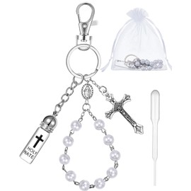 Blushtier Holy Water Bottle Keychain with Eyedropper Bead Rosary and Crucifix Cross Pendant for Christian Christmas Gifts(White)