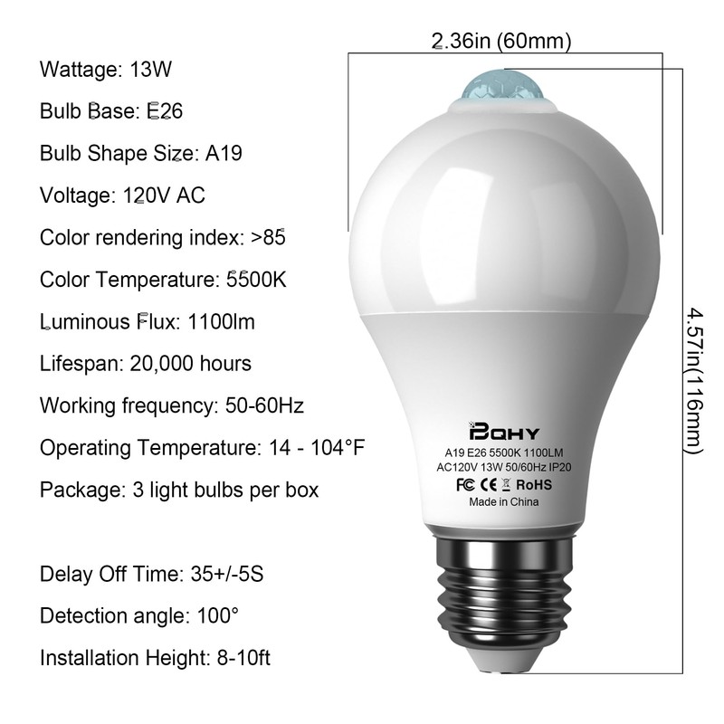 BQHY Motion Sensor Light Bulbs, 5500K Daylight Motion Activated Dusk