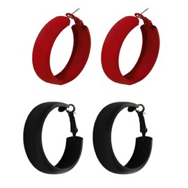2Pairs Matte Geometric Round Circle Hoop Earring Set for Women Retro Fluorescent Color Statement Earring Wedding Holiday Christmas Party Holiday Jewelry-A red black