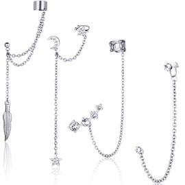 4 Pieces Cuff Earrings Chain Asymmetric Moon Star Tassel Ear Cuff Crawler Long Chain Climbers Drop Dangle Earrings for Women Holiday Decor (Silver)