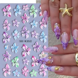 3Pcs Flowers Nail Stickers for Nail Art 5D Acrylic Embossed Hibiscus Nail Decals Colorful Hawaiian Flower Design Nail Art Supplies Summer Floral Nail Stickers for Women DIY Nail Decorations Charms