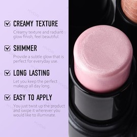 Ownest Resaltador en barra de 2 colores, iluminador de crema brillante para cara y cuerpo, iluminador facial sutil brillante, para construir, mezclabl