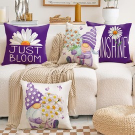 All Smiles Purple Throw Pillow Covers 20x20 Set of 4 Outdoor Spring Summer Decorative Cushion Cases Home Décor Decorations for Patio Couch Chair Sofa,Daisy Floral Gnomes