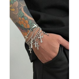 JWIGP Silver Cross Pearl North Star Bracelet Set for Men Women – Layered Cuban Beaded Chain Bracelets, Emo Hip Hop Punk Gothic Grunge Y2K Streetwear Aesthetic Jewelry Gift Gold (5PCS Silver Set)