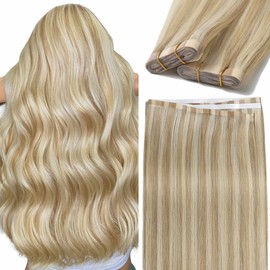 Caliee 16 Inch One Piece Tape in Hair Extensions Light Brown with Platinum Blonde Tape in Hair Extensions Human Hair 50G Straight Soft Natural Hair for Women