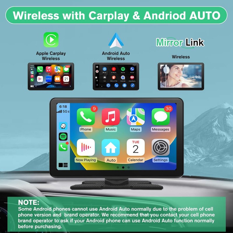 Pyniro 9" Carplay Screen Portable for Car, Wireless Carplay &