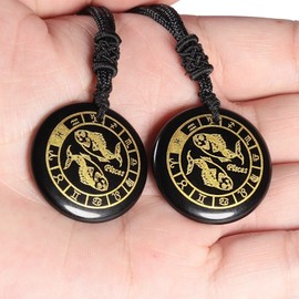 Nupuyai 12 Constellations Engraved Round Pendant Necklace, Healing Black Obsidian Necklace for Men with Adjustable Cord, Pisces