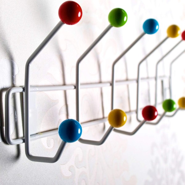 DESIGN DELIGHTS Colour Ball Wardrobe Rail 50 x 15.5 cm (L x H), Coat Rack with 12 Hooks, Hook Rail with Colourful Balls, Colourful Wall Coat Rack, Colour: White/Multicoloured