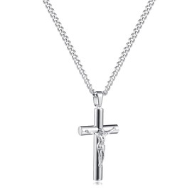 LUCKY2+7 Cross Necklace for Men, Silver Stainless Steel Mens Jesus Cross Pendant Adjustable Chain