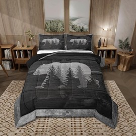 Castle Fairy Lodge Cabin Comforter Set Gray Bear Pine Tree Silhouette Pattern Quilted Duvet with 2 Pillowcases+1 Wild Animal Western Jungle Style Bedding for Teens Adults King Size 3 Pcs